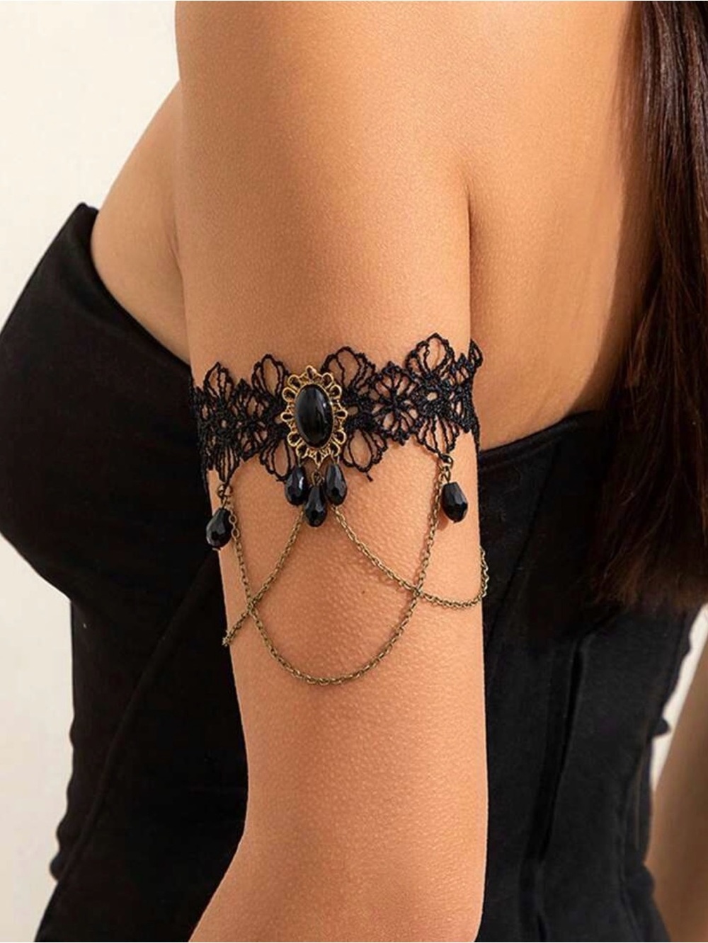 Black Lace Gothic Armlet with Antique Gold Chains